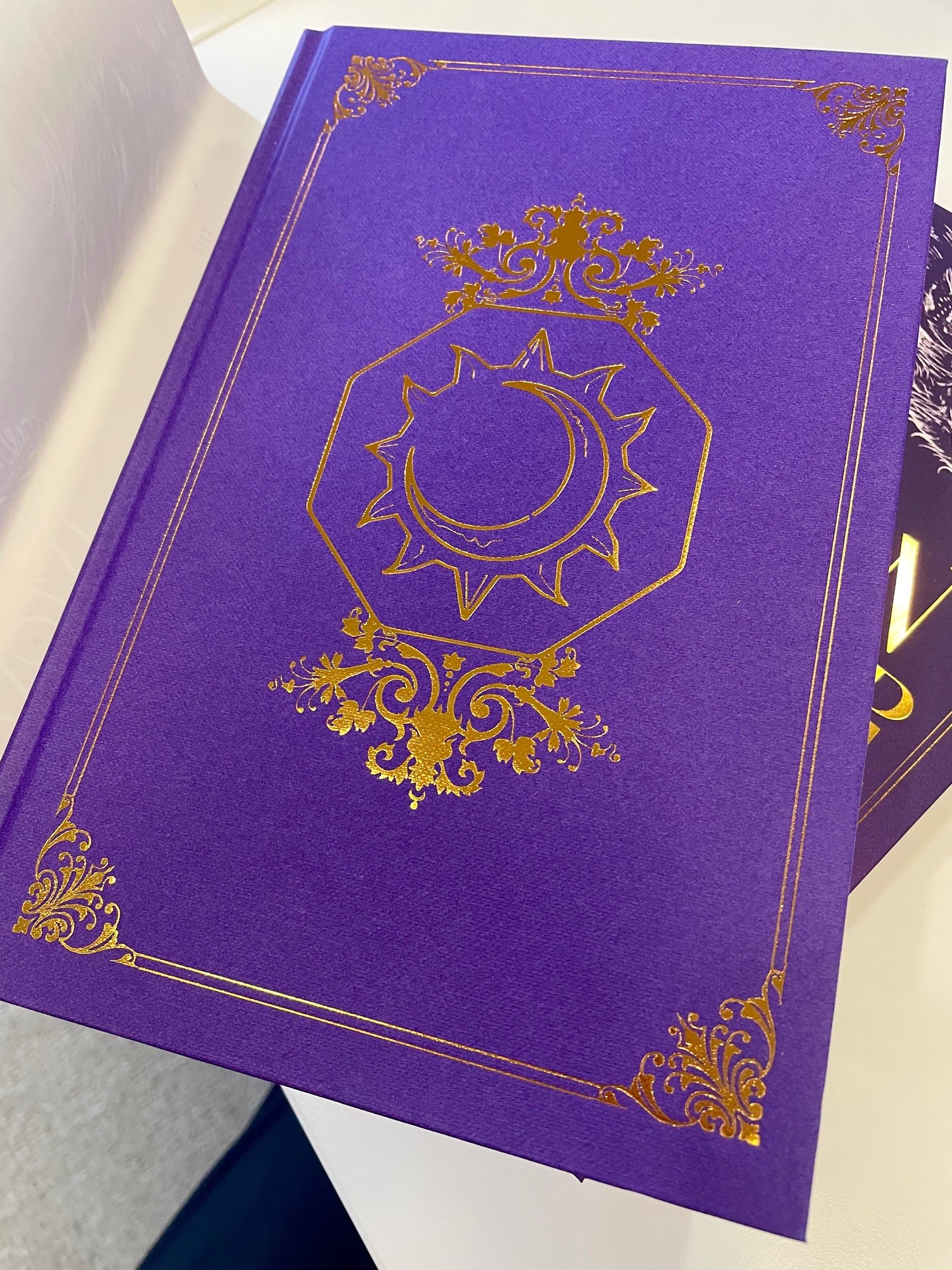 Photo of under cover boards, purple with gold foil image of Fox sigil - octagon with sun and moon